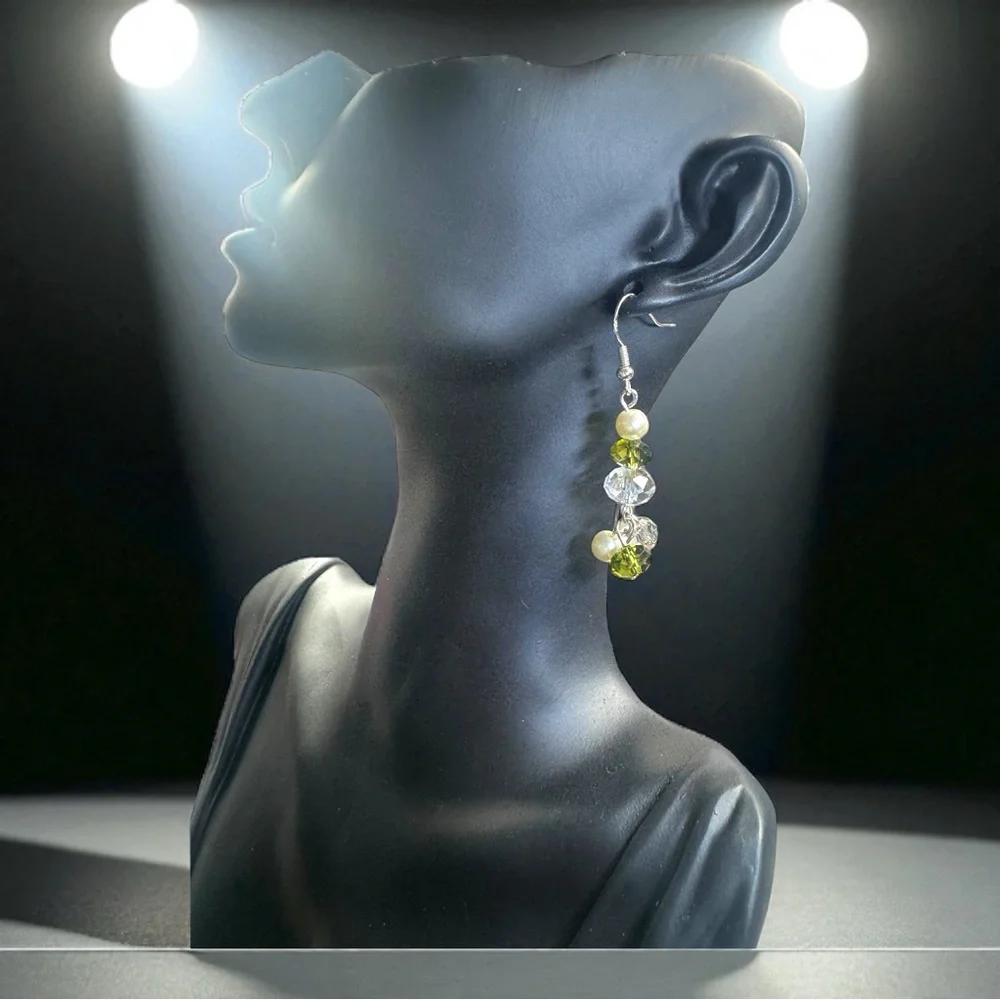 Handmade Sterling Silver Earrings W/ Freshwater Pearls & Green Multifaceted Crys - Picture 15 of 15